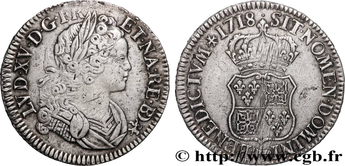 LOUIS XV THE WELL-BELOVED Écu dit de France-Navarre 1718 Pau XF/AU