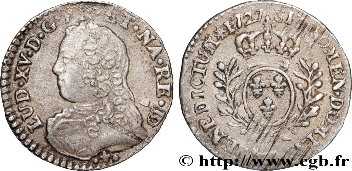 LOUIS XV DIT LE BIEN AIMÉ Vingtième d’écu aux branches d’olivier, buste habillé 1727 Pau TTB+