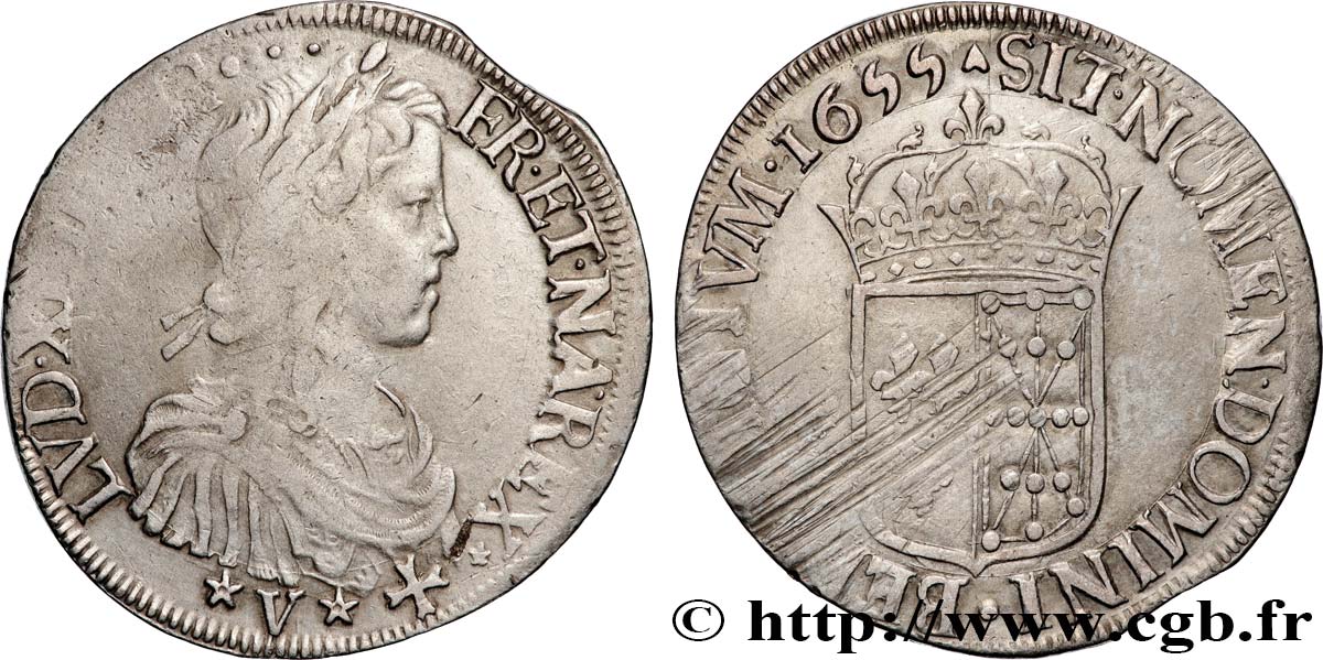 LOUIS XIV  THE SUN KING  Écu de Navarre, portrait à la mèche longue 1655 Saint-Palais XF