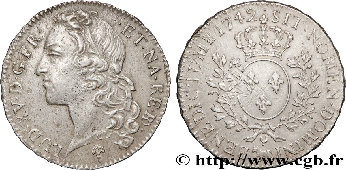 LOUIS XV DIT LE BIEN AIMÉ Demi-écu aux branches d’olivier, tête ceinte d’un bandeau 1742 Pau TTB+