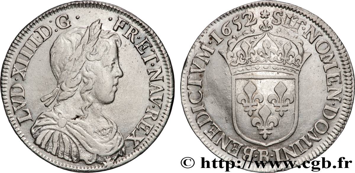 LOUIS XIV  THE SUN KING  Demi-écu, portrait à la mèche longue 1652 Rouen XF