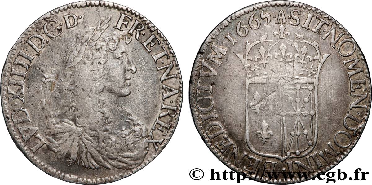 LOUIS XIV LE GRAND OU LE ROI SOLEIL Écu de Navarre, portrait apollinien 1665 Saint-Palais TB+