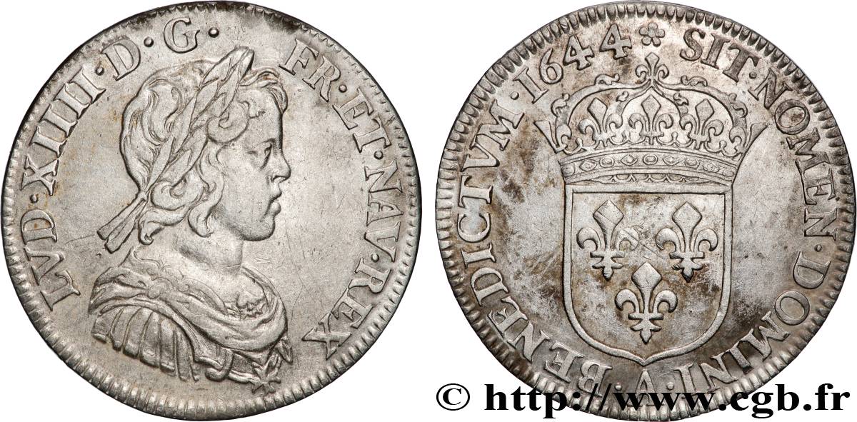 LOUIS XIV LE GRAND OU LE ROI SOLEIL Quart d écu, portrait à la mèche courte 1644 Paris, Monnaie de Matignon TTB+
