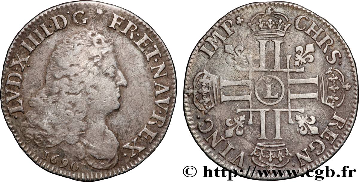 LOUIS XIV LE GRAND OU LE ROI SOLEIL Demi-écu aux huit L, 1er type 1690 Lille TB+