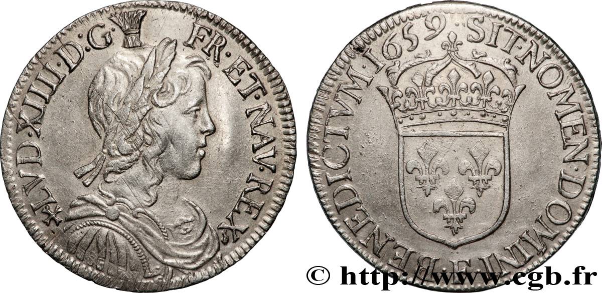 LOUIS XIV  THE SUN KING  Demi-écu, portrait à la mèche longue 1659 Angers AU