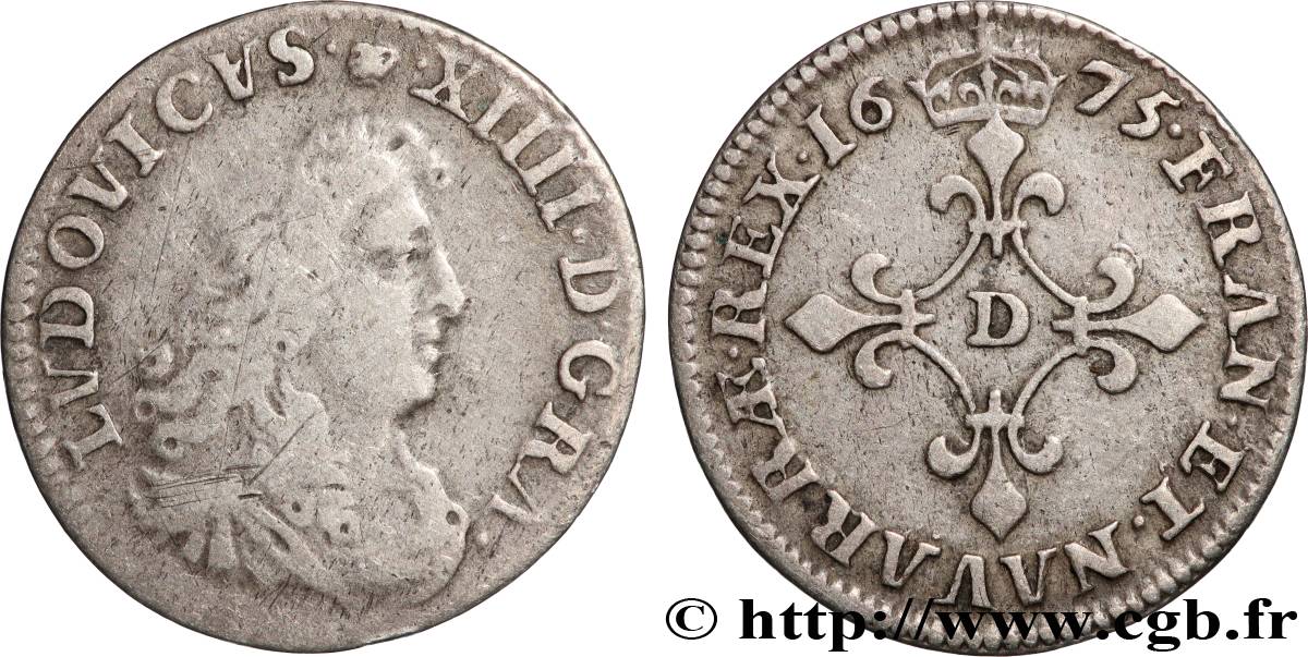 LOUIS XIV THE SUN KING Quatre sols à la croix formée de lis 1675 Vimy-en-Lyonnais (actuellement Neuville-sur-Saône) fSS/SS