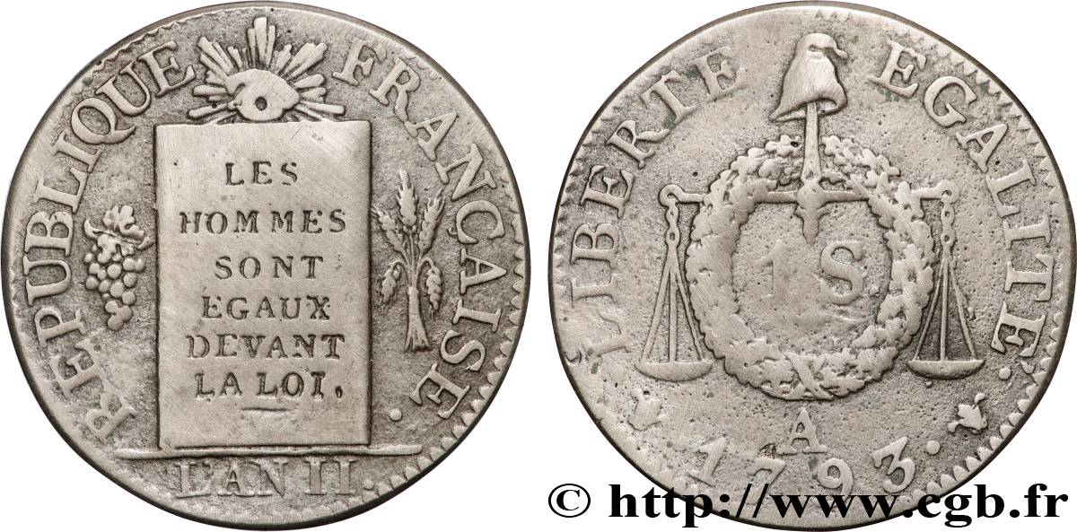 THE CONVENTION Essai de la pièce de un sol dite à la table de Loi 1793 Paris AU/VF