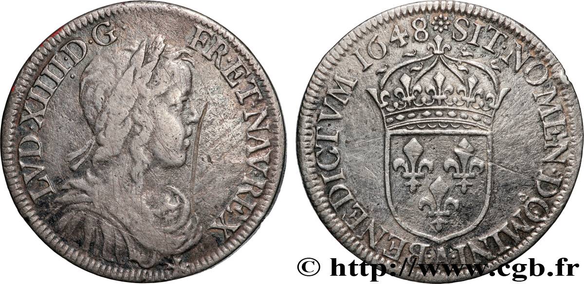 LOUIS XIV THE SUN KING Demi-écu, portrait à la mèche longue 1648 Paris fSS