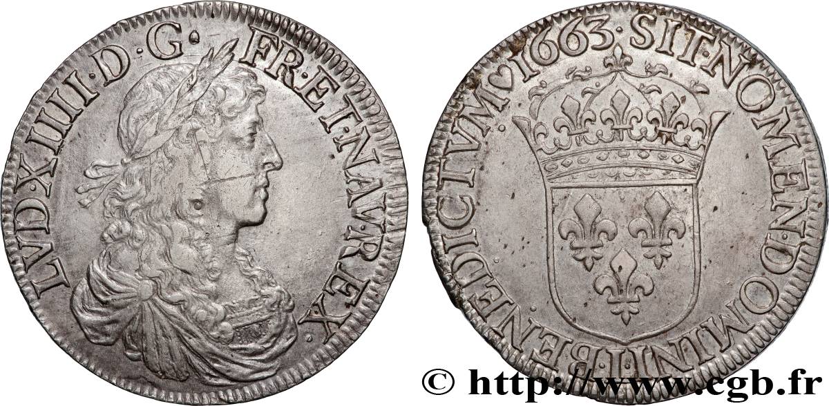 LOUIS XIV LE GRAND OU LE ROI SOLEIL Écu, portrait apollinien 1663 Bayonne TTB+/SUP