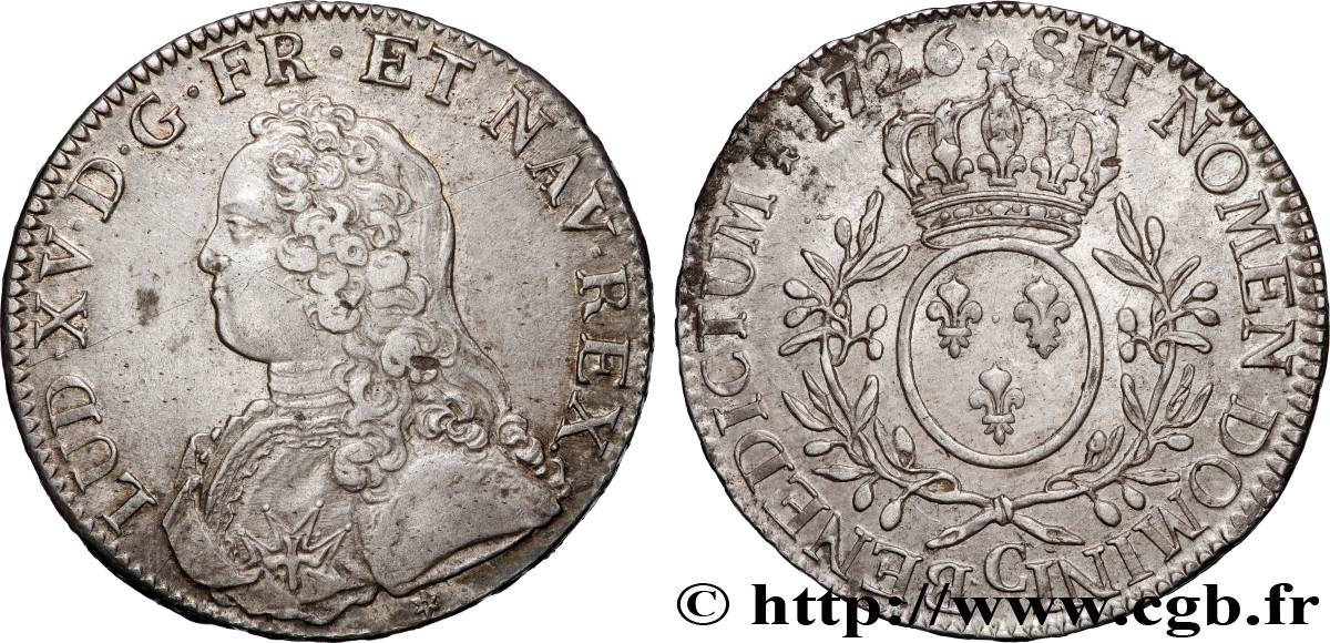 LOUIS XV DIT LE BIEN AIMÉ Écu aux branches d olivier, buste habillé 1726 Caen SUP