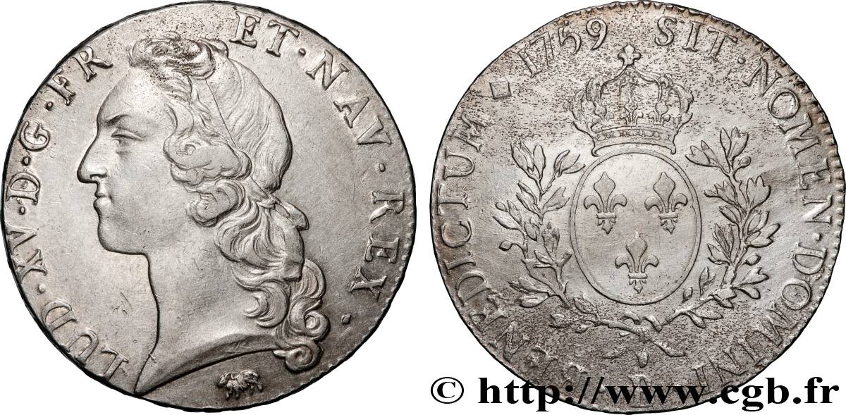 LOUIS XV DIT LE BIEN AIMÉ Écu aux branches d’olivier, tête ceinte d’un bandeau 1759 Rouen TTB+