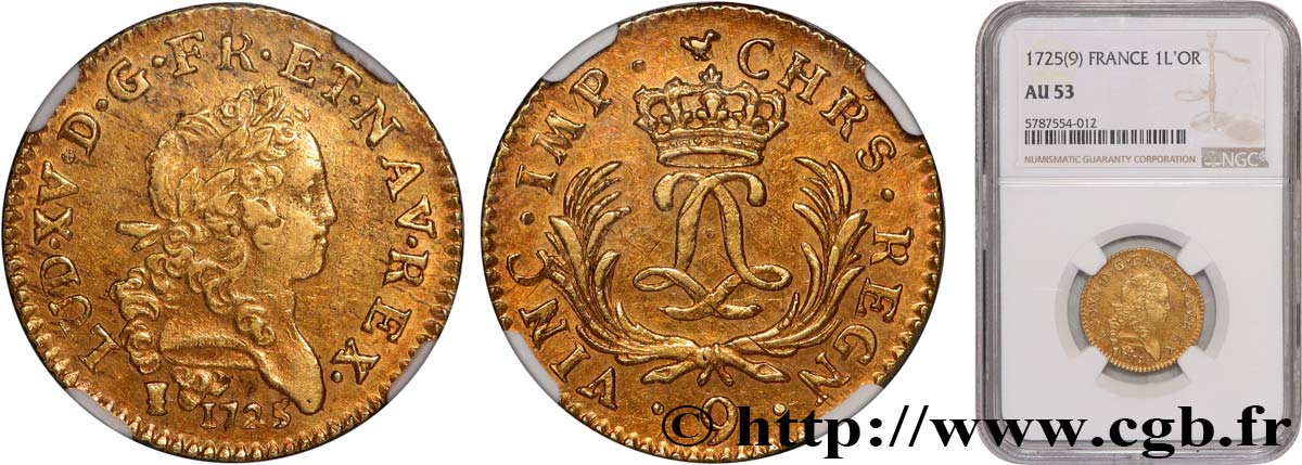 LOUIS XV THE WELL-BELOVED Louis d or aux deux L entrelacées et aux palmes longues 1725 Rennes AU53