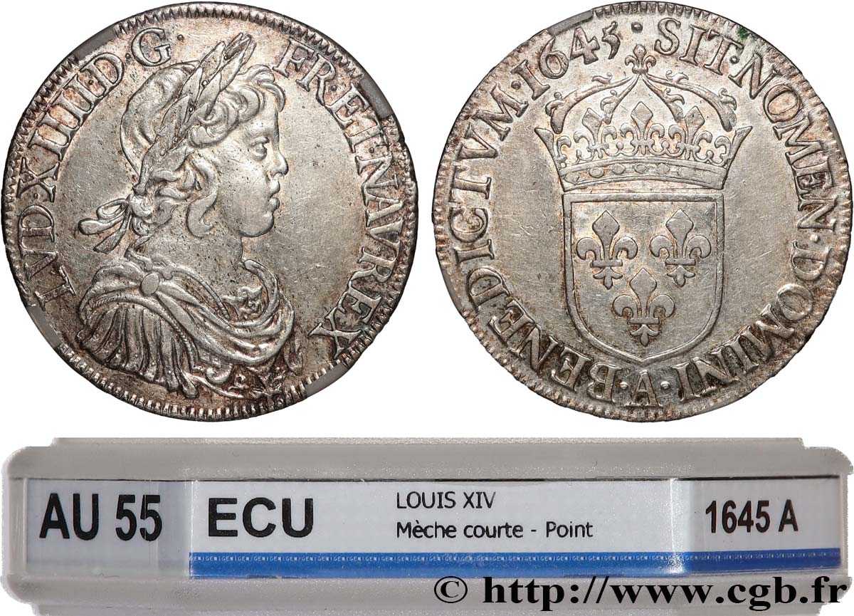 LOUIS XIV LE GRAND OU LE ROI SOLEIL Écu, portrait à la mèche courte 1645 Paris, Monnaie du Louvre SUP55