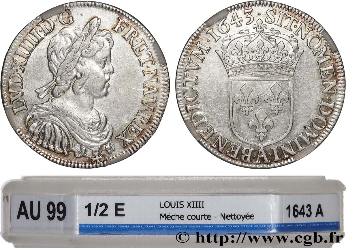 LOUIS XIV LE GRAND OU LE ROI SOLEIL Demi-écu, portrait à la mèche courte 1643 Paris, Monnaie du Louvre SUP