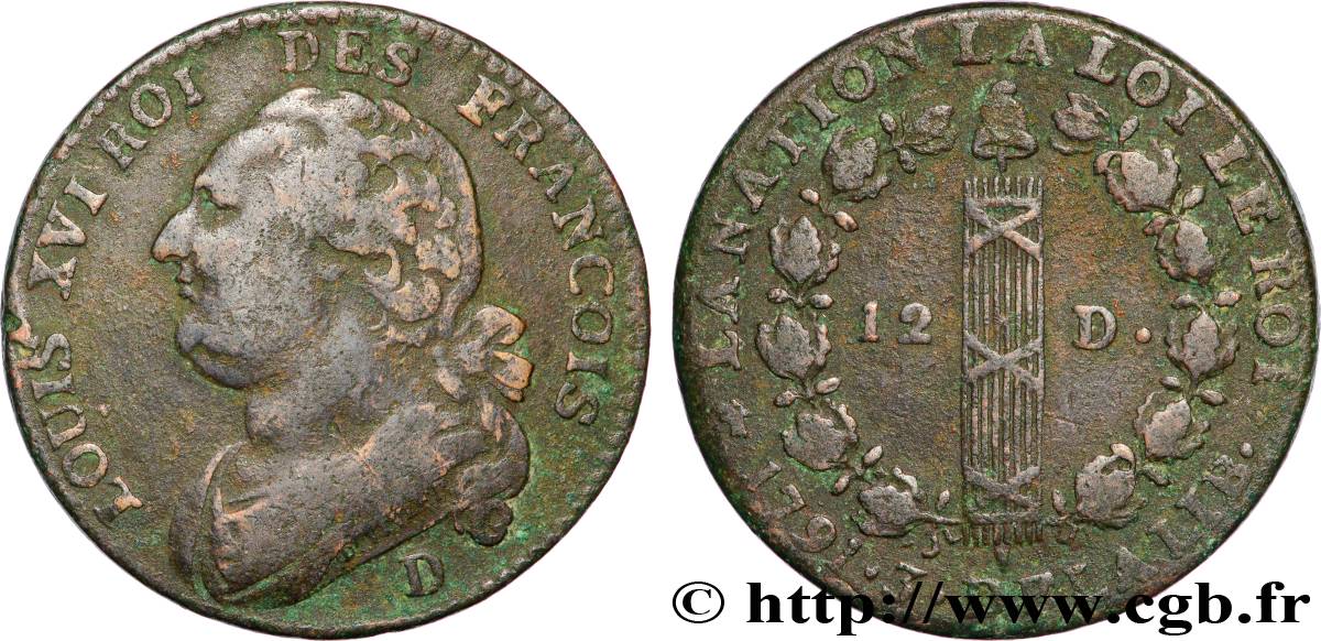 LOUIS XVI (MONARQUE CONSTITUTIONNEL)  12 deniers dit  au faisceau , type FRANCOIS 1791 Lyon TTB