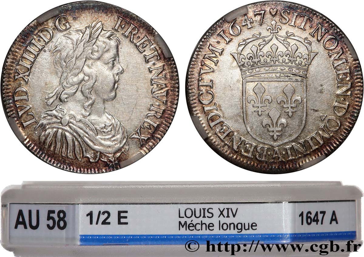 LOUIS XIV LE GRAND OU LE ROI SOLEIL Demi-écu, portrait à la mèche longue 1647 Paris SUP58