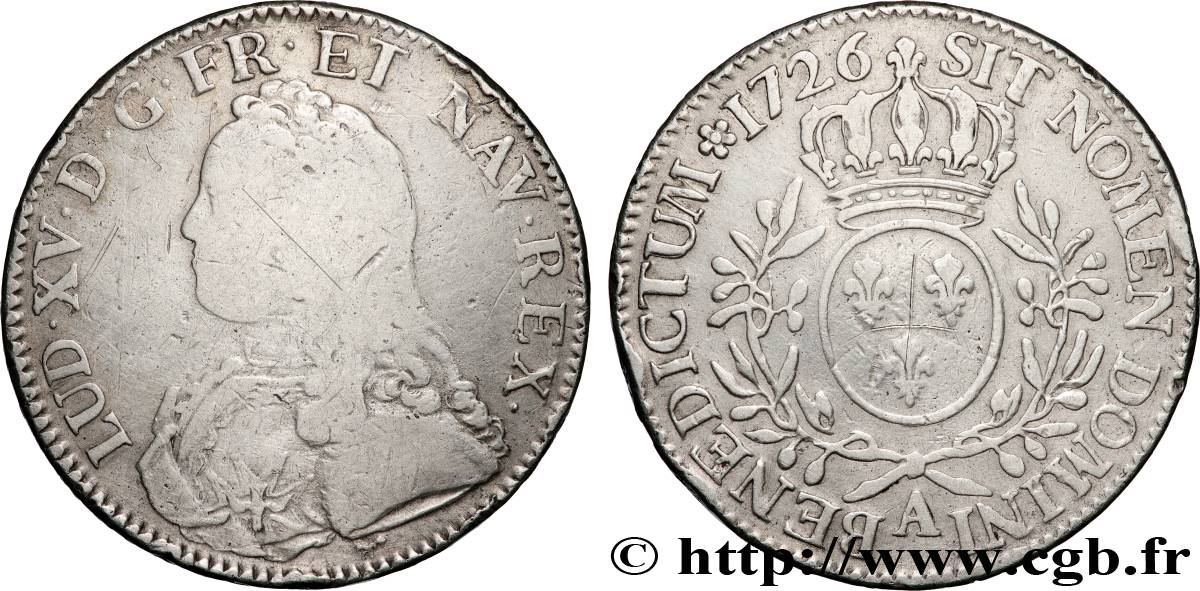LOUIS XV DIT LE BIEN AIMÉ Écu aux branches d olivier, buste habillé 1726 Paris TB/TB+