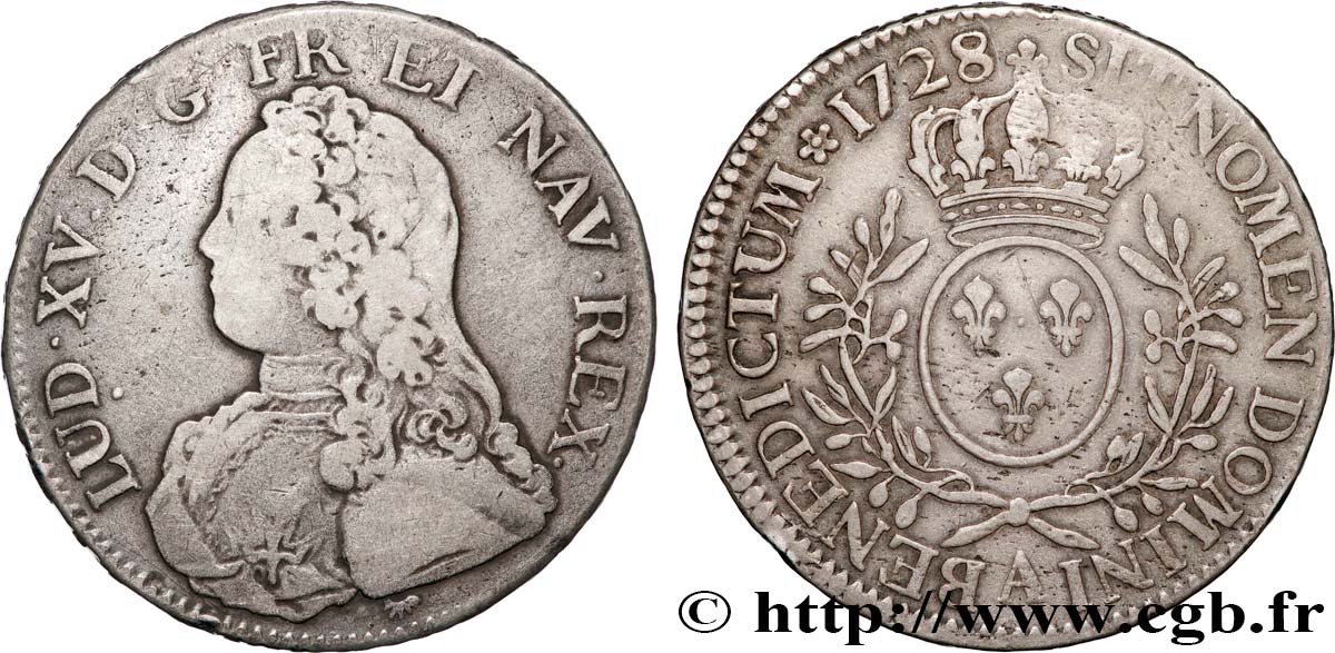 LOUIS XV DIT LE BIEN AIMÉ Écu aux branches d olivier, buste habillé 1728 Paris TB+