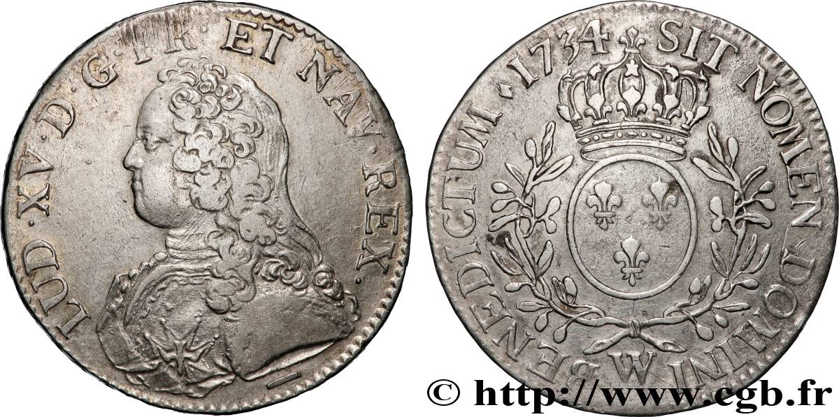 LOUIS XV DIT LE BIEN AIMÉ Écu aux branches d olivier, buste habillé 1734 Lille TTB