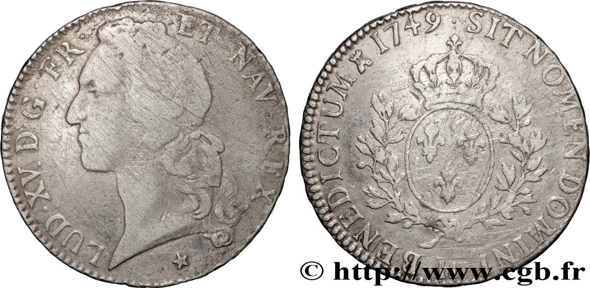 LOUIS XV DIT LE BIEN AIMÉ Écu aux branches d’olivier, tête ceinte d’un bandeau 1749 La Rochelle TB+