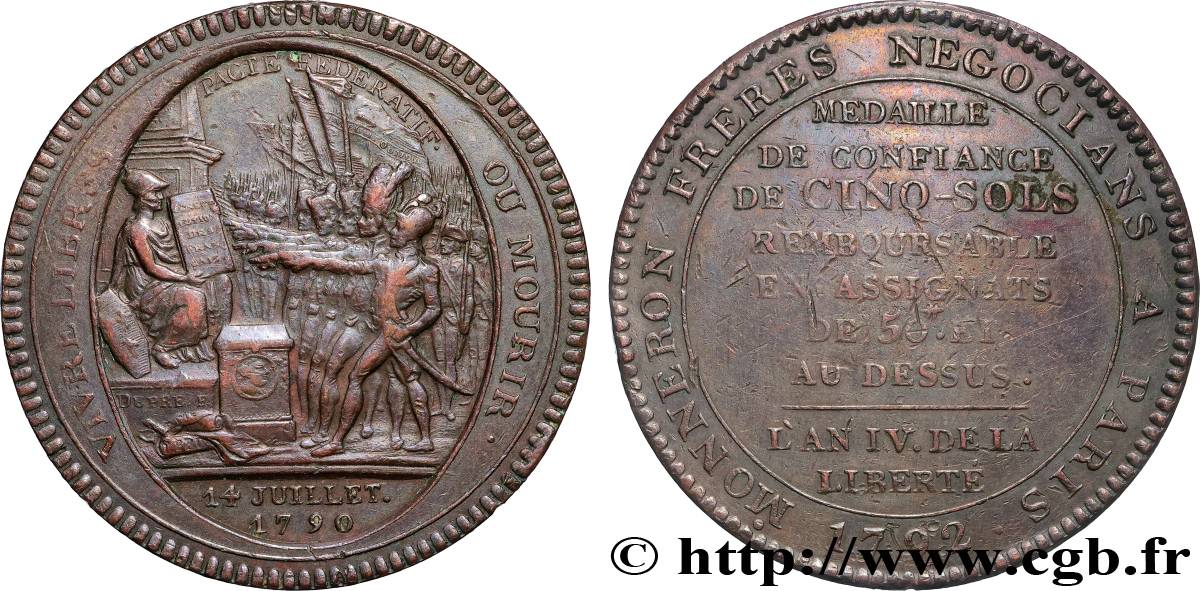 REVOLUTION COINAGE Monneron de 5 sols au serment (An IV), 3e type 1792 Birmingham, Soho XF