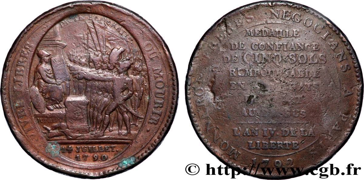 REVOLUTION COINAGE / CONFIANCE (MONNAIES DE…) Monneron de 5 sols au serment (An IV), 3e type 1792 Birmingham, Soho VF