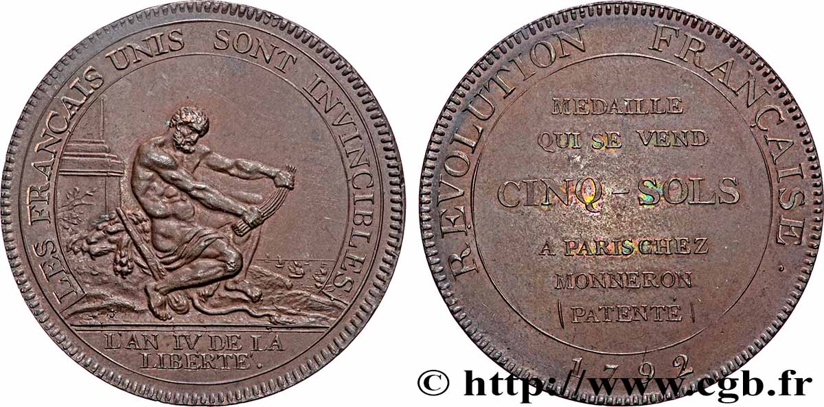 REVOLUTION COINAGE / CONFIANCE (MONNAIES DE…) Monneron de 5 sols à l Hercule 1792 AU
