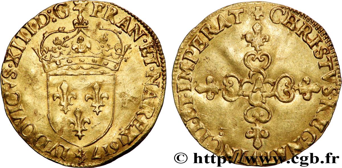 LOUIS XIII  Écu d or au soleil, à la croix anillée fleurdelisée 1617 Paris BB