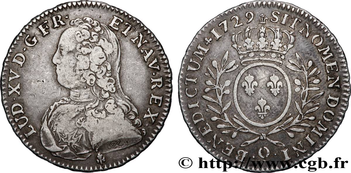 LOUIS XV THE WELL-BELOVED Demi-écu aux branches d olivier, buste habillé 1729 Riom XF