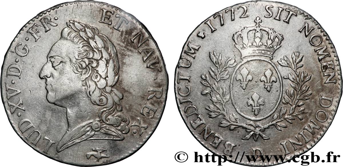 LOUIS XV DIT LE BIEN AIMÉ Écu aux branches d’olivier, buste lauré 1772 Lyon TTB/TTB+