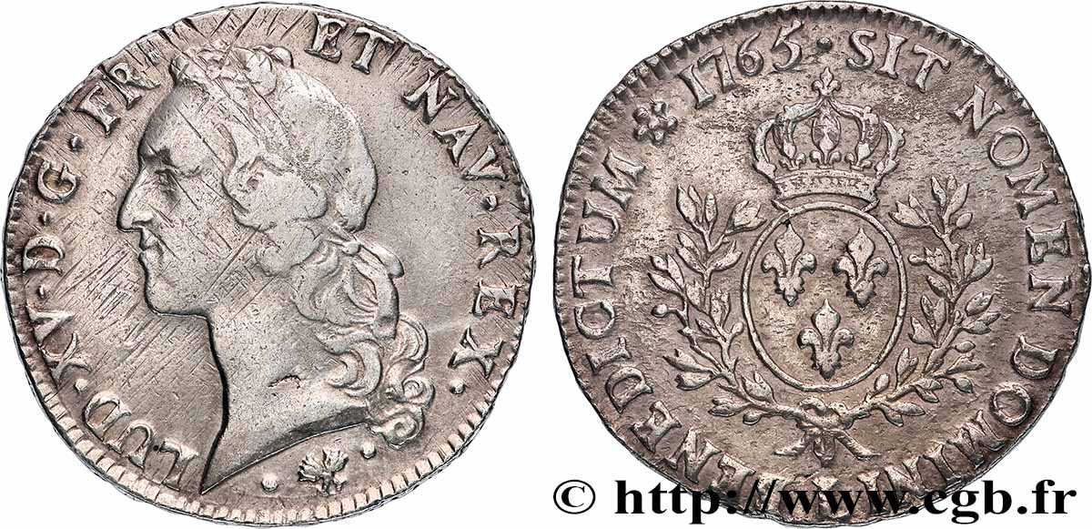 LOUIS XV DIT LE BIEN AIMÉ Écu aux branches d’olivier, tête ceinte d’un bandeau 1765 Bayonne TB+/TTB