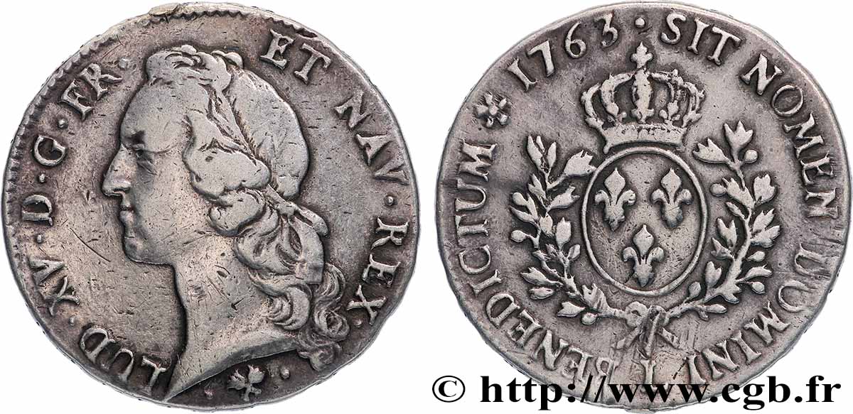 LOUIS XV DIT LE BIEN AIMÉ Écu aux branches d’olivier, tête ceinte d’un bandeau 1763 Bayonne TB+