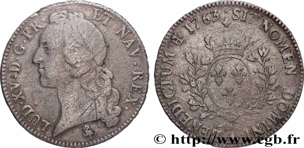 LOUIS XV THE WELL-BELOVED Écu aux branches d’olivier, tête ceinte d’un bandeau 1763 Paris VF/VF