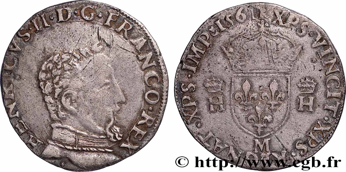 CHARLES IX. MONNAYAGE AU NOM DE HENRI II Teston à la tête nue, 5e type 1561 Toulouse TB+