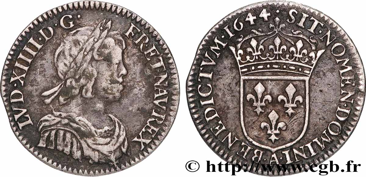 LOUIS XIV THE SUN KING Douzième d écu, portrait à la mèche courte 1644 Paris, Monnaie de Matignon SS