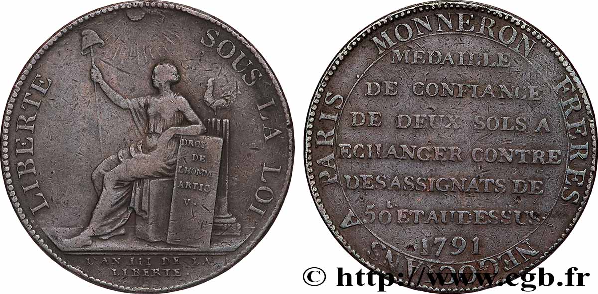 REVOLUTION COINAGE / CONFIANCE (MONNAIES DE…) Monneron de 2 sols à la Liberté 1791 Birmingham, Soho VF/VF