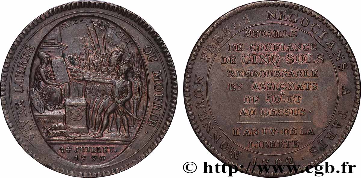 REVOLUTION COINAGE Monneron de 5 sols au serment (An IV), 3e type 1792 Birmingham, Soho MBC+