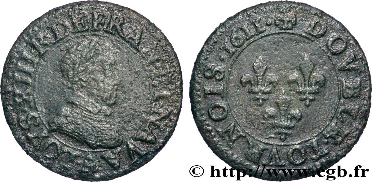 LOUIS XIII Double tournois, type 1 1611 Paris, Moulin du Louvre BC/BC+
