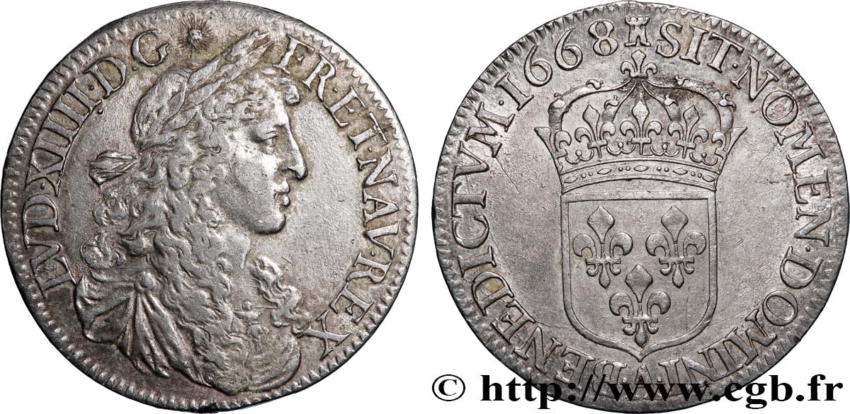 LOUIS XIV LE GRAND OU LE ROI SOLEIL Demi-écu, portrait apollinien 1668 Paris TTB+