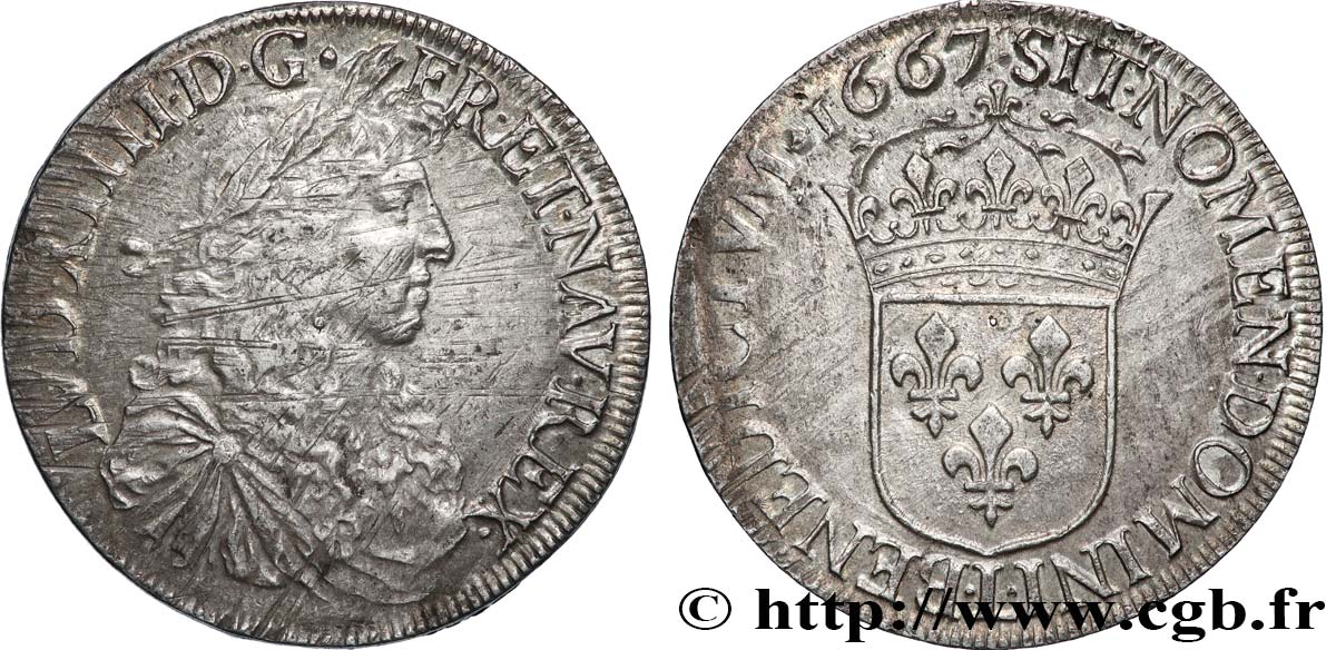 LOUIS XIV LE GRAND OU LE ROI SOLEIL Écu, portrait apollinien 1667 Bayonne TTB+/SUP