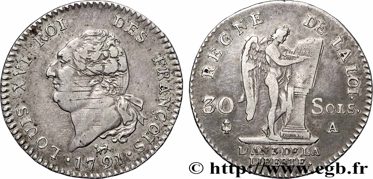 LOUIS XVI 30 sols dit au génie , type FRANÇOIS 1791 Paris XF