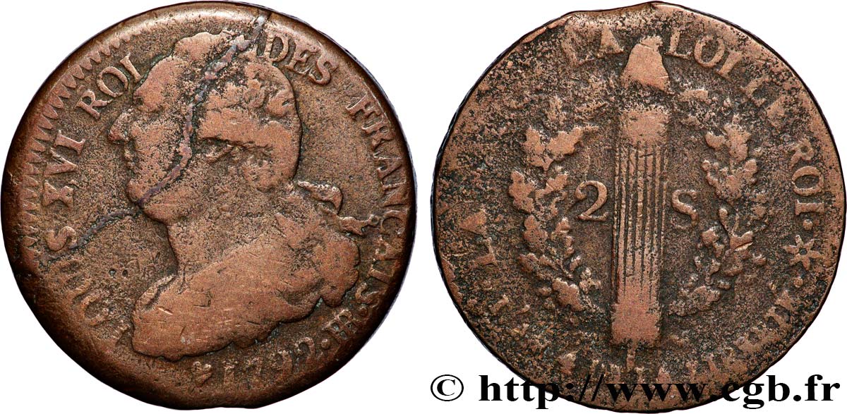LOUIS XVI (MONARQUE CONSTITUTIONNEL) 2 sols dit au faisceau , type FRANÇAIS 1792 Strasbourg TB