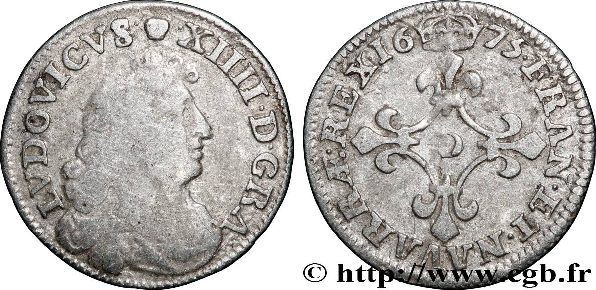 LOUIS XIV LE GRAND OU LE ROI SOLEIL Quatre sols à la croix formée de lis 1675 Vimy-en-Lyonnais (actuellement Neuville-sur-Saône) TB