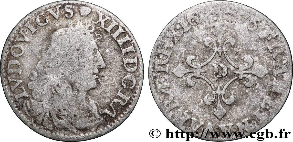 LOUIS XIV LE GRAND OU LE ROI SOLEIL Quatre sols à la croix formée de lis 1676 Vimy-en-Lyonnais (actuellement Neuville-sur-Saône) TB