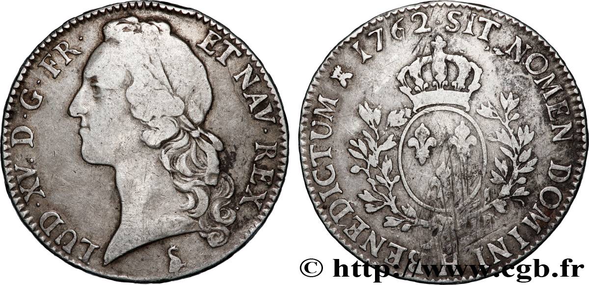 LOUIS XV DIT LE BIEN AIMÉ Écu aux branches d’olivier, tête ceinte d’un bandeau 1762 La Rochelle TB+