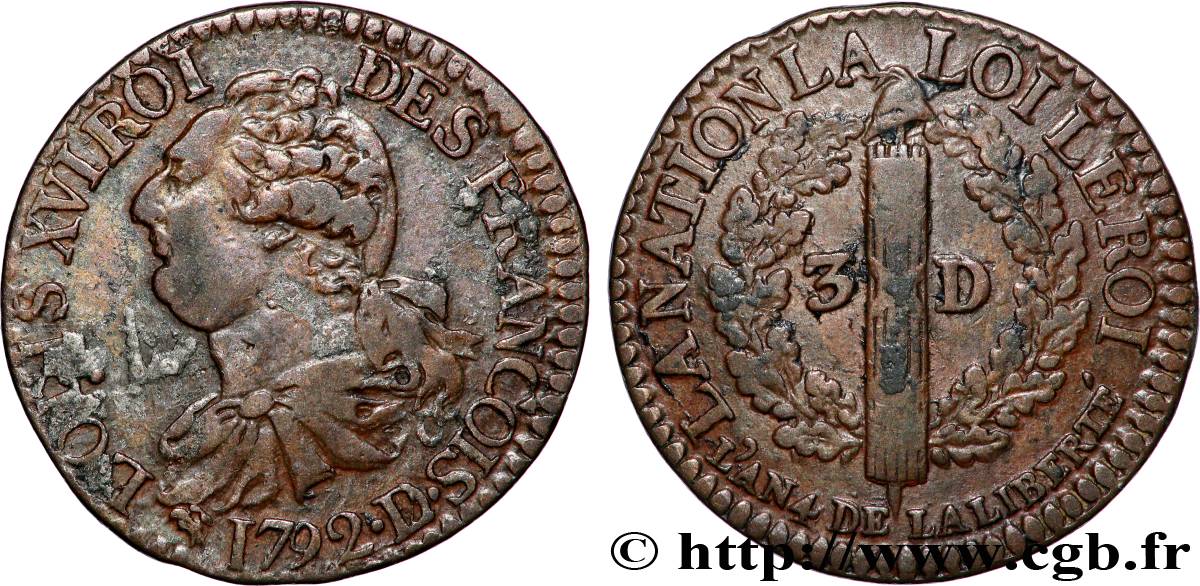 LOUIS XVI 3 deniers dit au faisceau , type FRANCOIS 1792 Lyon MBC