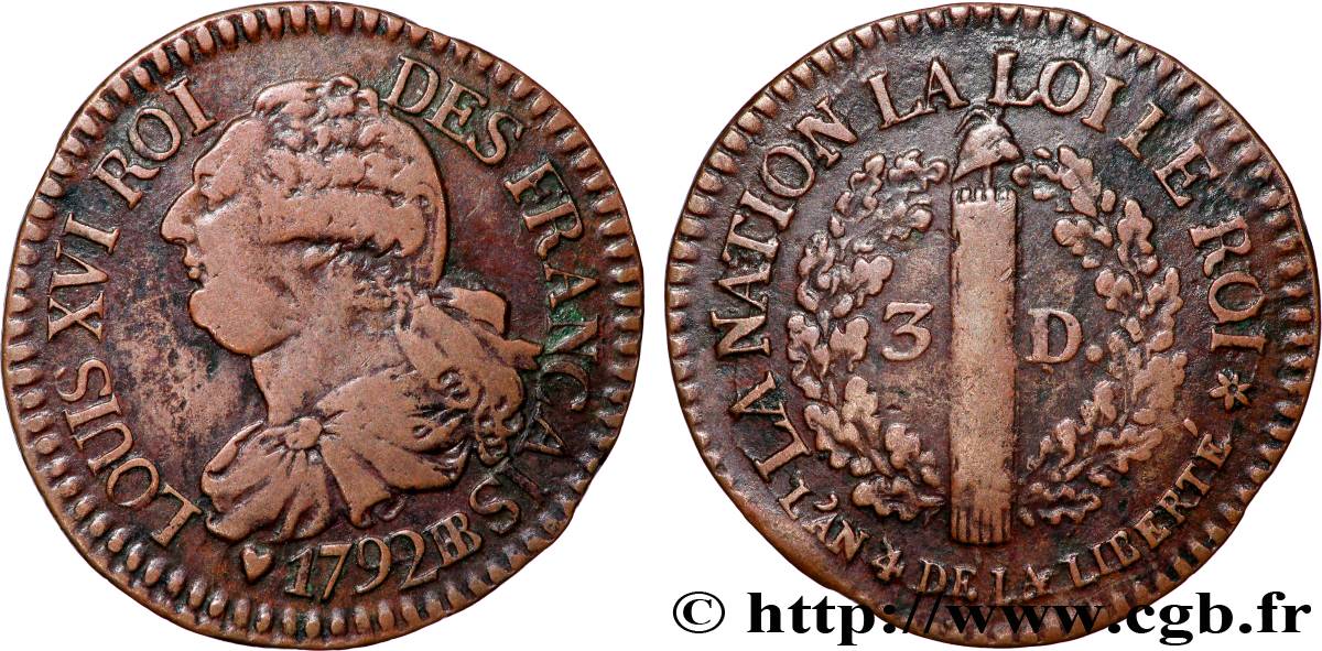 LOUIS XVI 3 deniers dit au faisceau , légende FRANÇAIS 1792 Strasbourg SS