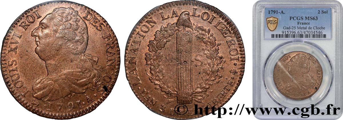 LOUIS XVI 2 sols dit au faisceau , type FRANÇOIS 1791 Paris fST63
