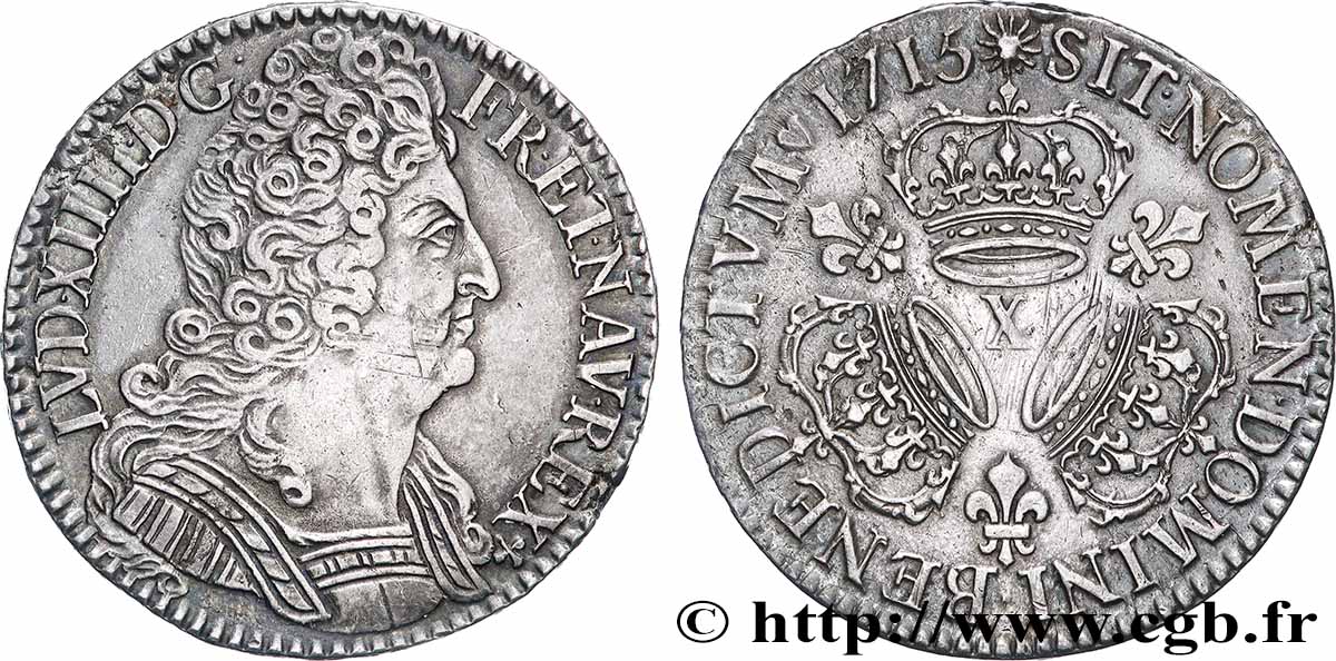 LOUIS XIV LE GRAND OU LE ROI SOLEIL Demi-écu aux trois couronnes 1715 Amiens TTB+/SUP