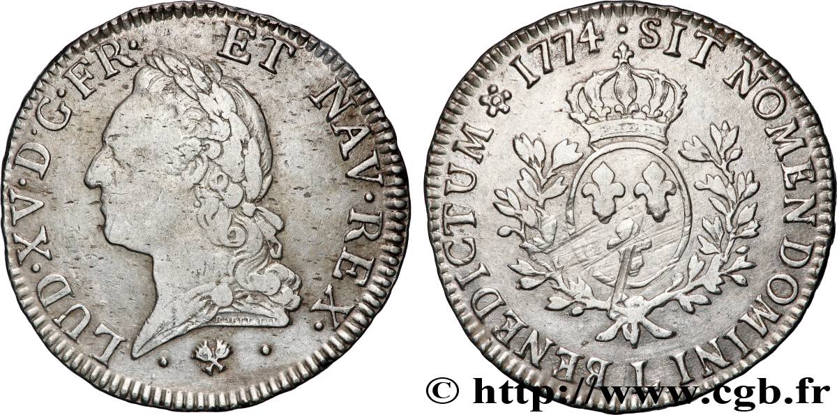 LOUIS XV DIT LE BIEN AIMÉ Écu aux branches d’olivier, buste lauré 1774 Bayonne TB+